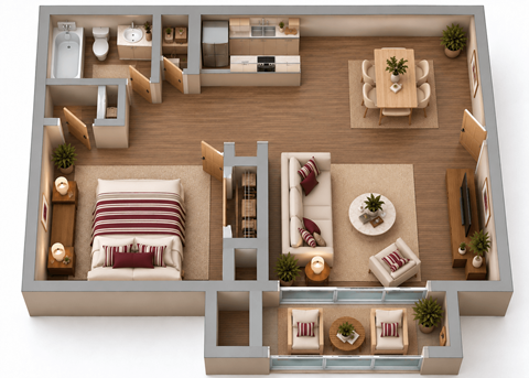 Floor plan for 1 bed, 1 bath, 850 sqft